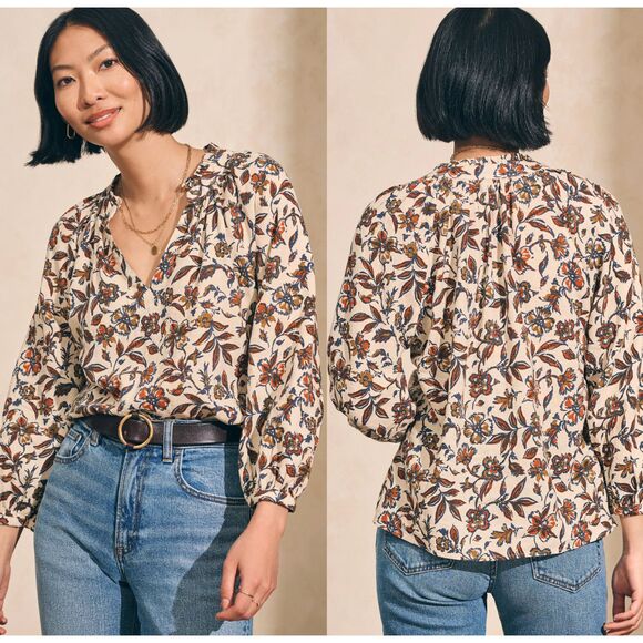 Faherty Womens Portia Top Linen Blend Indee Floral Cream‎ Boho V Neck Blouse XL - Picture 1 of 8
